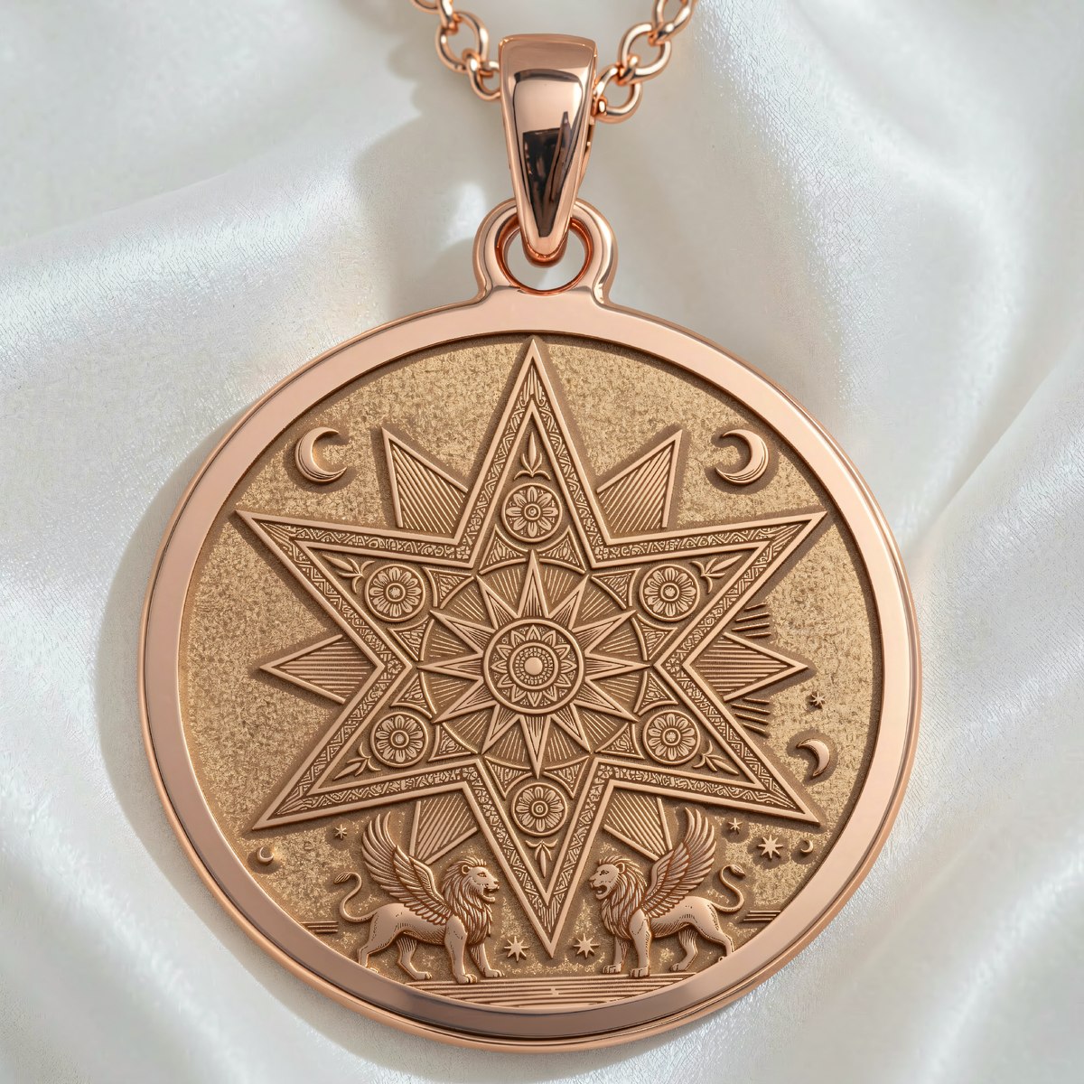Star of Ishtar Goddess Pendant in rose gold plated finish. Front view shows detailed engraving with an eight-pointed star, crescent moons, and two winged lions.