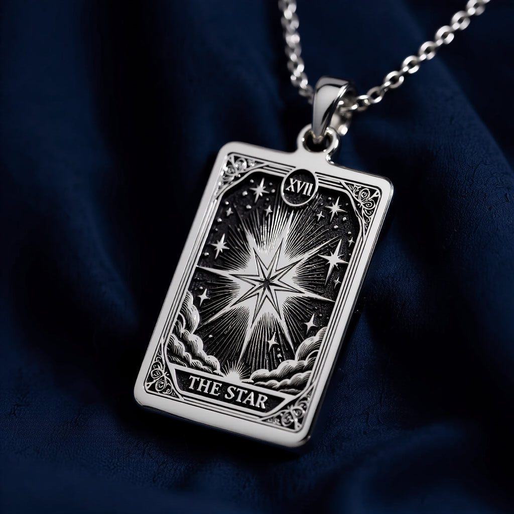 Star Tarot Major Arcana pendant. Silver plated occult symbol jewelry for cosmic energy and spiritual focus. - View 4