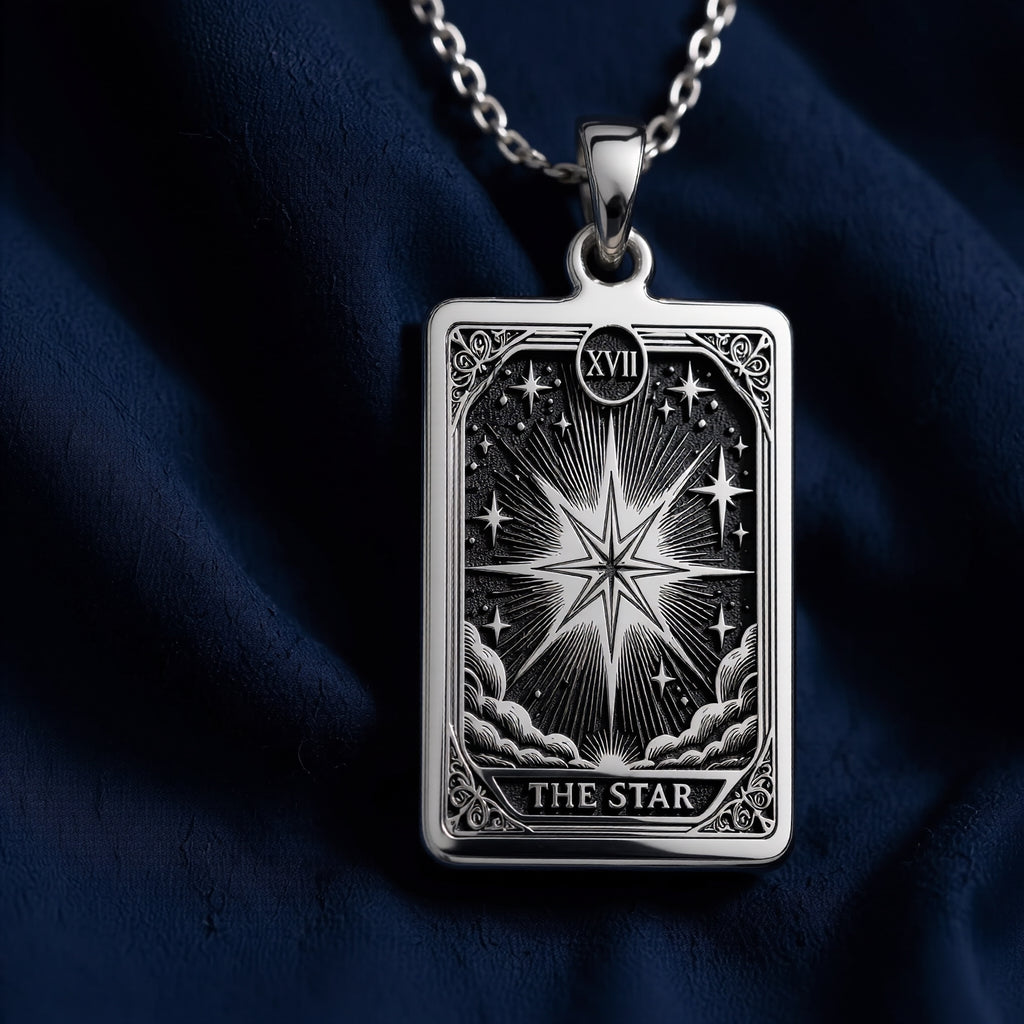 Star Tarot Major Arcana pendant. Silver plated occult symbol jewelry for cosmic energy and spiritual focus. - View 5