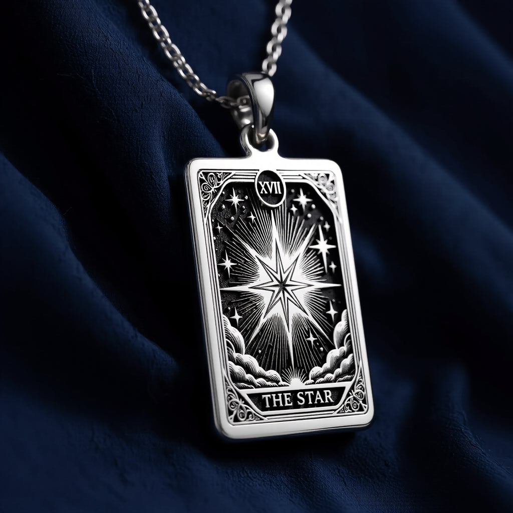 Star Tarot Major Arcana pendant. Silver plated occult symbol jewelry for cosmic energy and spiritual focus. - View 6
