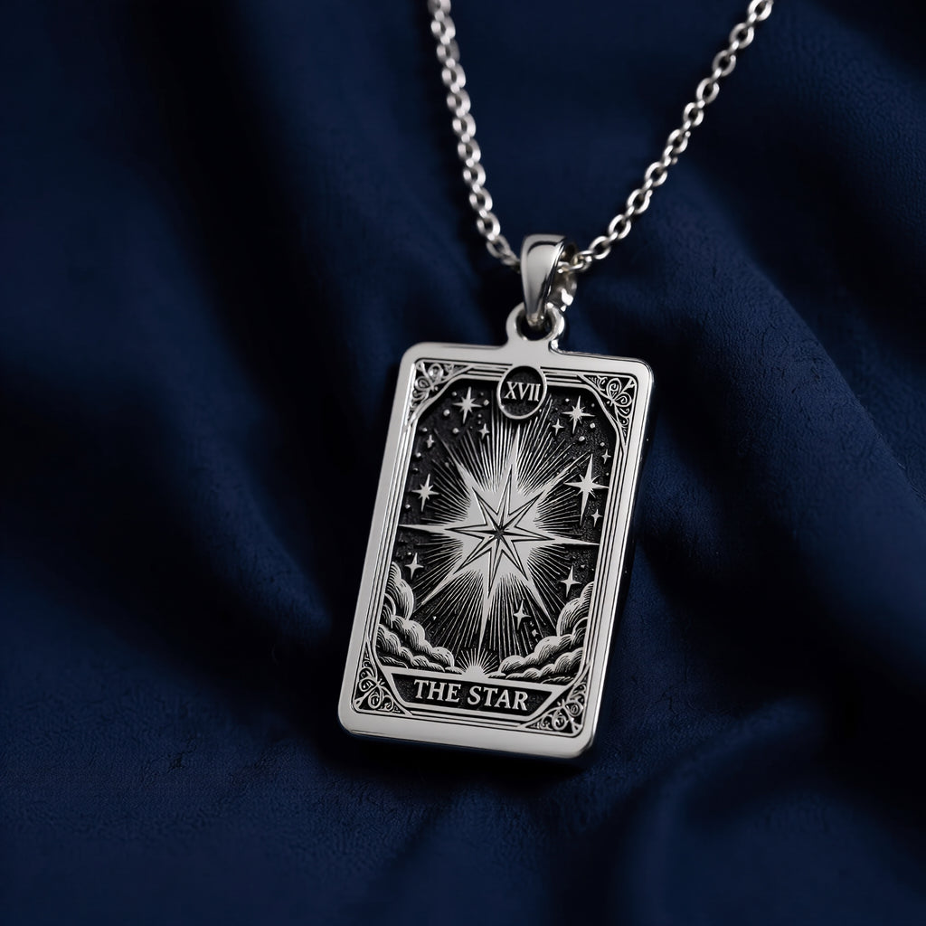 Star Tarot Major Arcana pendant. Silver plated occult symbol jewelry for cosmic energy and spiritual focus. - View 7