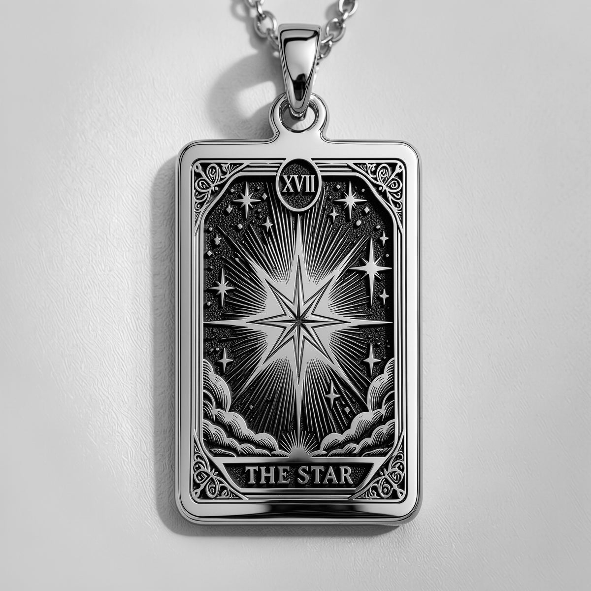 Star Tarot Major Arcana pendant. Silver plated occult symbol jewelry for cosmic energy and spiritual focus.