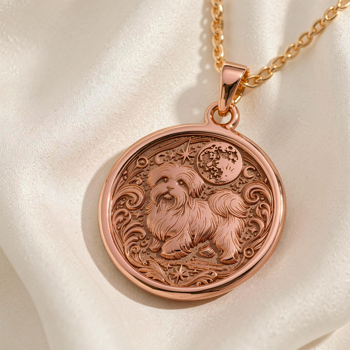 Celestial Puppy Pendant Necklace - Pet Memorial Star Charm - 14K Rose Gold Plated Front View
