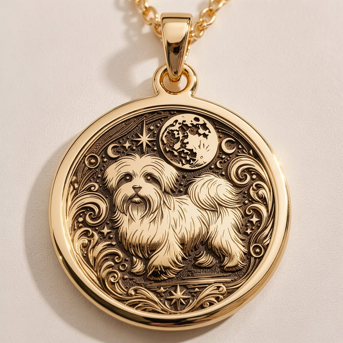Gold plated pendant featuring a detailed outline of a fluffy puppy with a smiling expression surrounded by celestial elements like stars and a crescent moon. The pendant has an ornate, textured surface finish and is attached to a delicate gold chain.