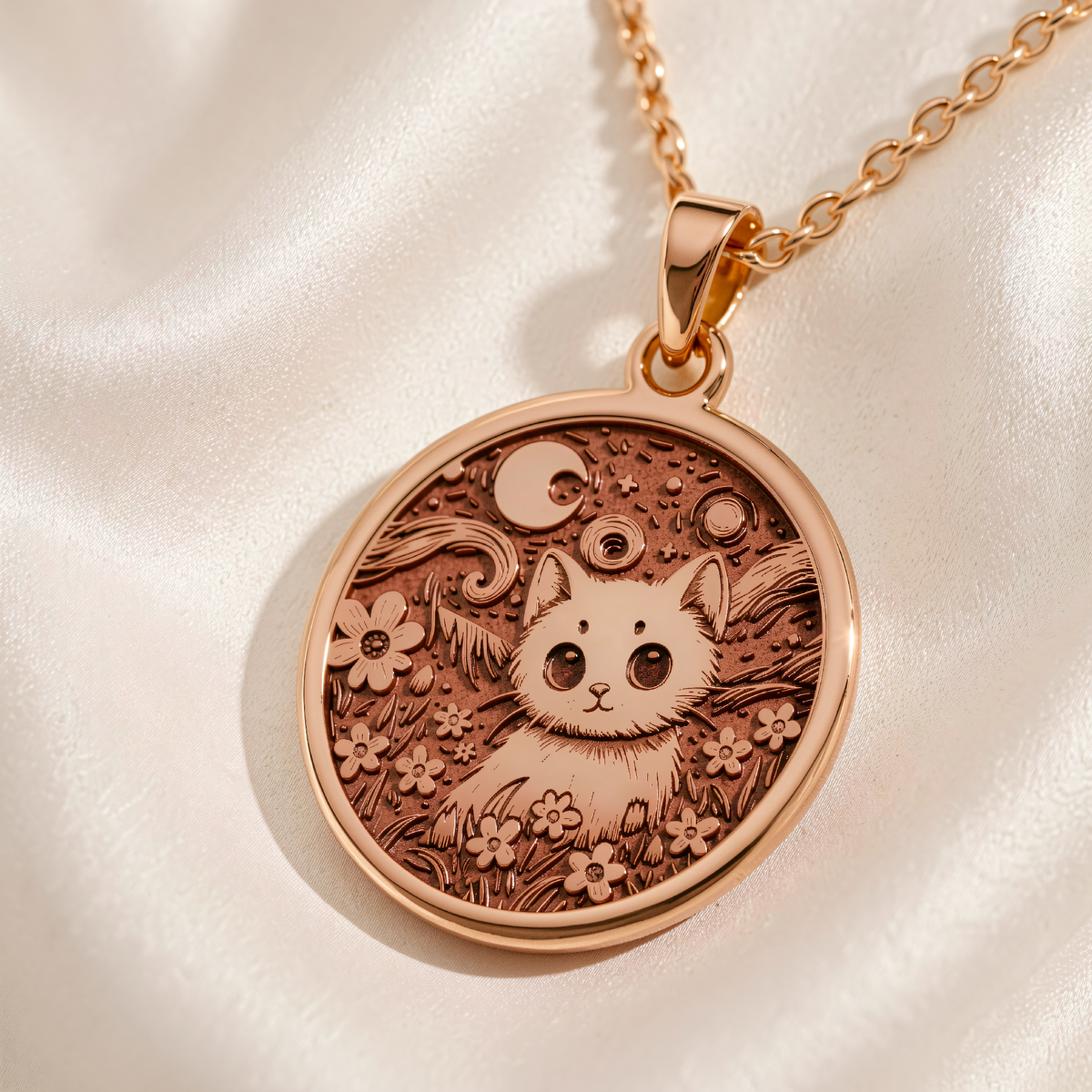 Starry Night Cat Pendant in rose gold plated showing front view with engraved cat among flowers and celestial symbols.