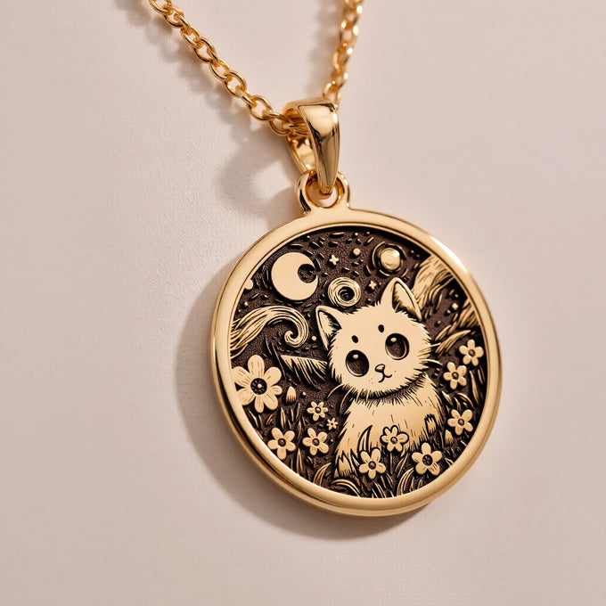 Gold plated pendant featuring a detailed outline of a cat with a starry night motif, set within a circular frame. The design has intricate details and a textured finish. It is attached to a delicate gold chain.