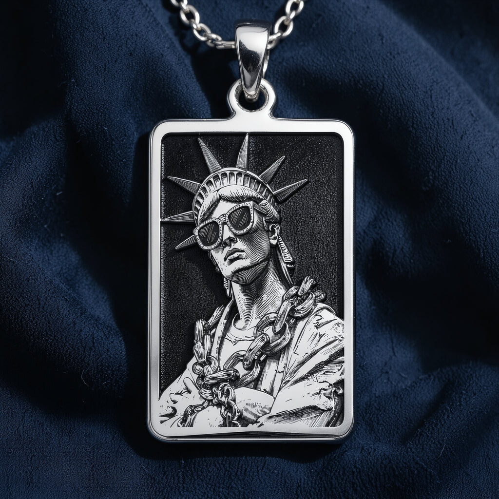 A pendant featuring a detailed Statue of Liberty design in silver, shown from a straight-on view. The image also includes size and chain length charts for the jewelry.