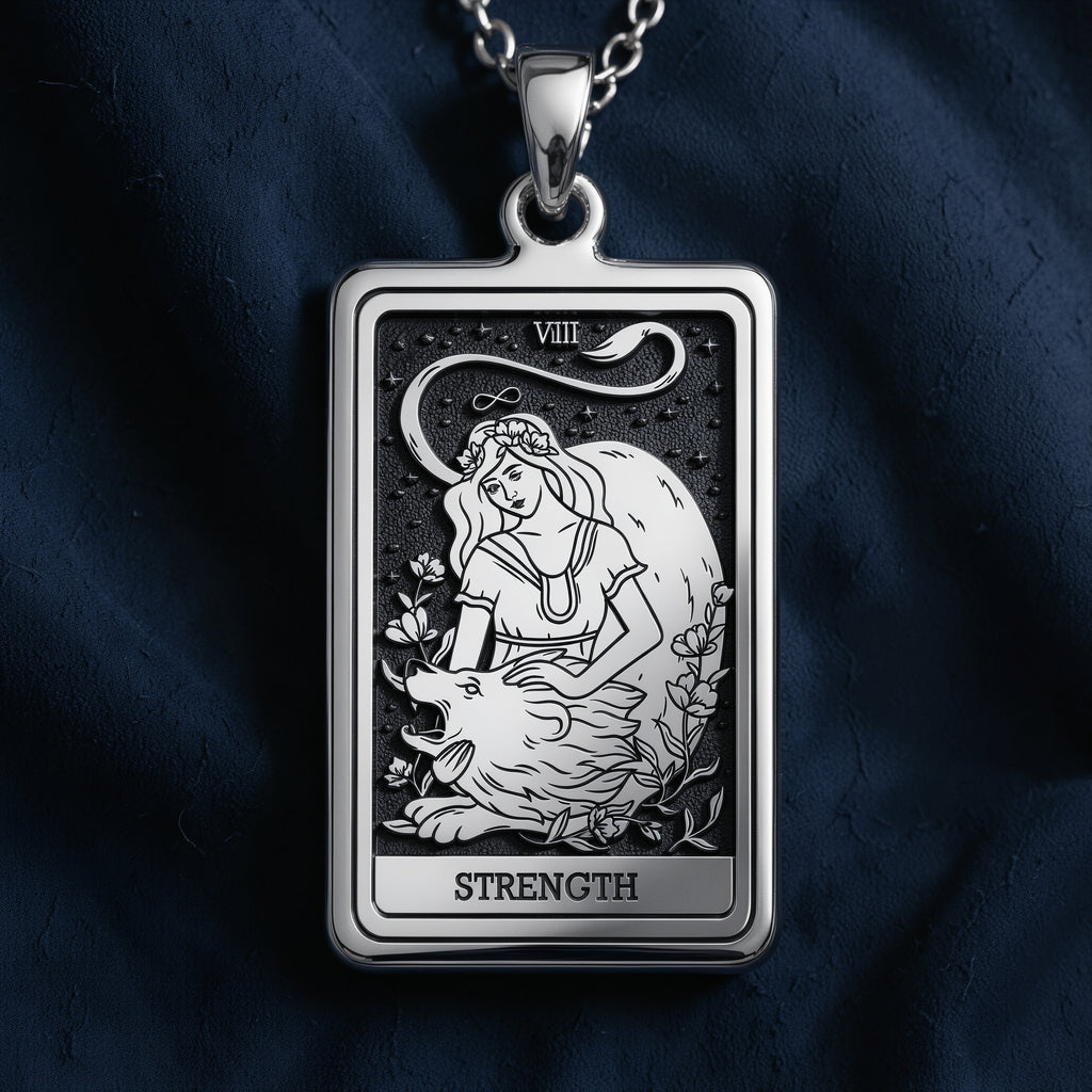 Silver pendant necklace featuring a rectangular design of the Strength Tarot Arcana card with intricate line art. The pendant has a polished finish and is attached to a silver chain. - View 2
