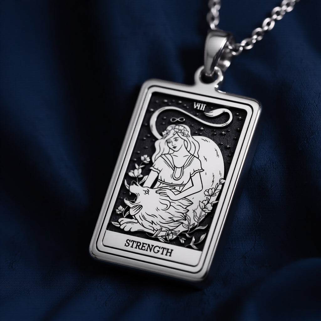 Silver pendant necklace featuring a rectangular design of the Strength Tarot Arcana card with intricate line art. The pendant has a polished finish and is attached to a silver chain. - View 4