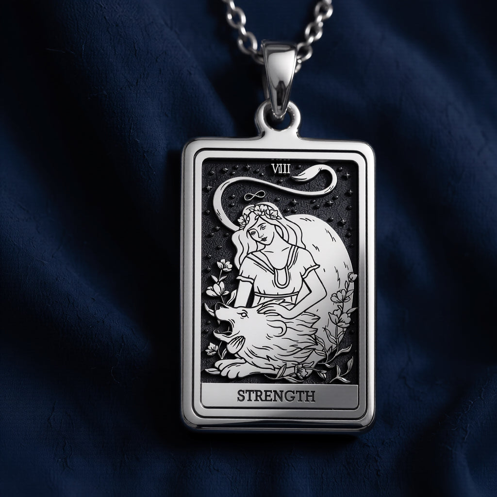 Silver pendant necklace featuring a rectangular design of the Strength Tarot Arcana card with intricate line art. The pendant has a polished finish and is attached to a silver chain. - View 5