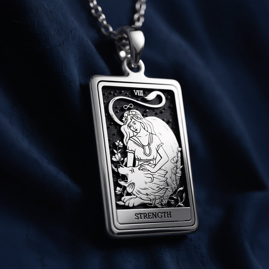 Silver pendant necklace featuring a rectangular design of the Strength Tarot Arcana card with intricate line art. The pendant has a polished finish and is attached to a silver chain. - View 6