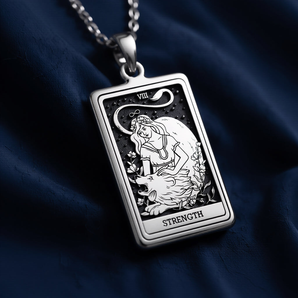 Silver pendant necklace featuring a rectangular design of the Strength Tarot Arcana card with intricate line art. The pendant has a polished finish and is attached to a silver chain. - View 8