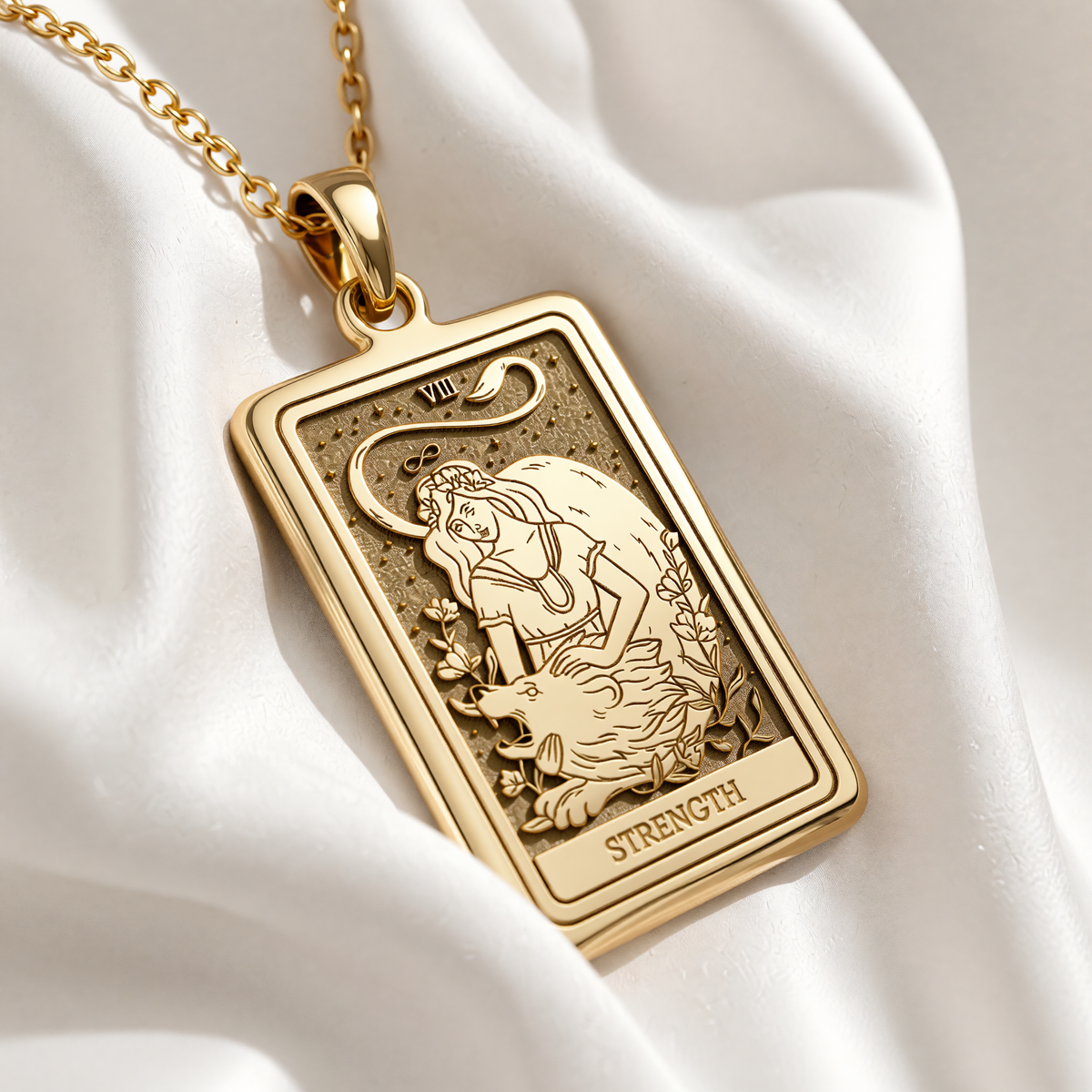 Strength Tarot Necklace | Silver, Gold Plated & Rose Plated Options - Courage Jewelry - 14K Gold Plated Angle 1 Perspective View