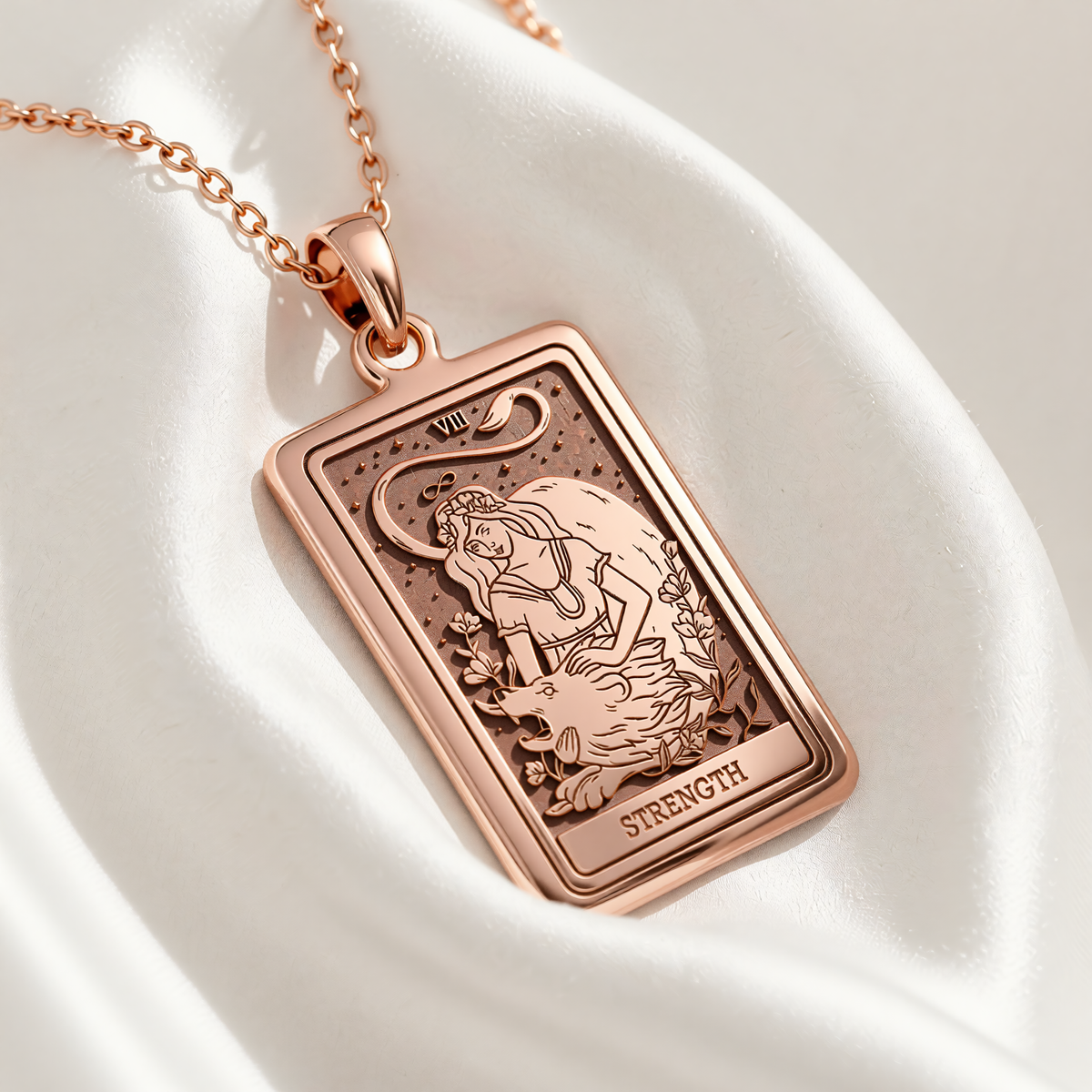 Strength Tarot Necklace | Silver, Gold Plated & Rose Plated Options - Courage Jewelry - 14K Rose Gold Plated Angle 1 Perspective View