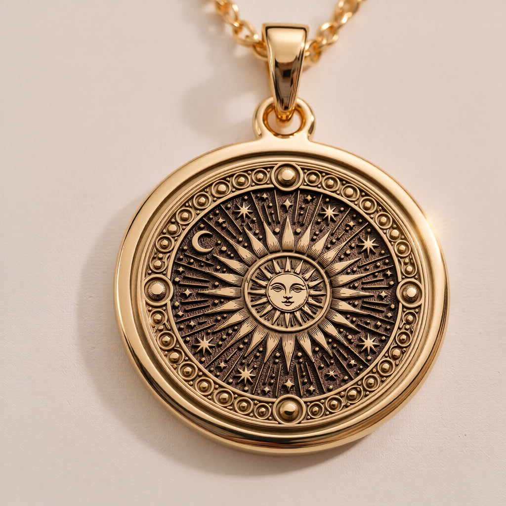 14K solid gold sun pendant necklace featuring a celestial sunburst design, perfect for astrology lovers and boho jewelry enthusiasts. - View 7