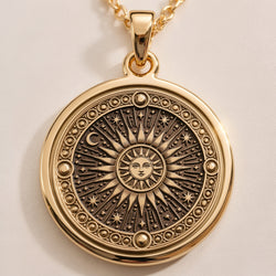 14K solid gold sun pendant necklace featuring a celestial sunburst design, perfect for astrology lovers and boho jewelry enthusiasts.