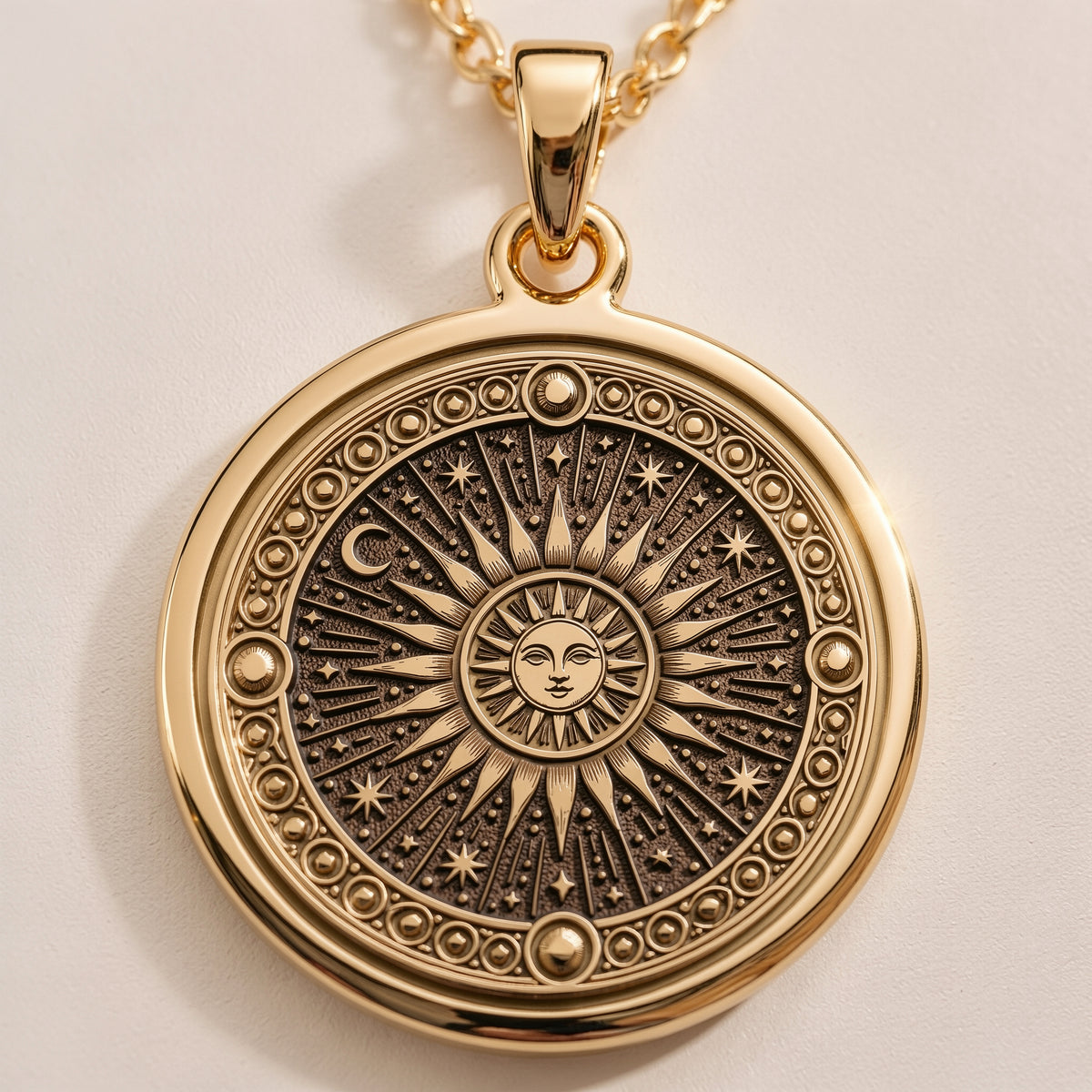 14K solid gold sun pendant necklace featuring a celestial sunburst design, perfect for astrology lovers and boho jewelry enthusiasts.