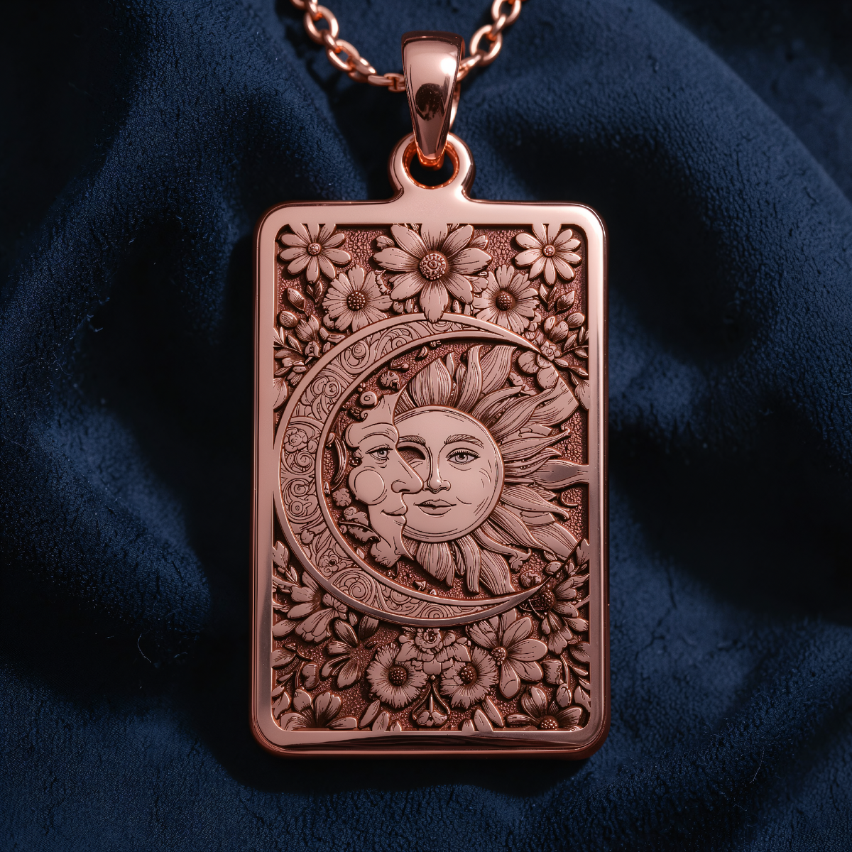 Sun Moon Celestial Pendant in a polished rose gold finish.