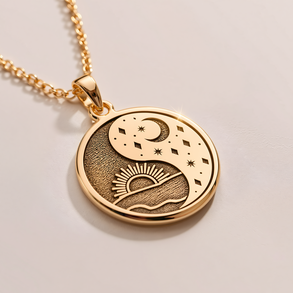Sun & Moon Celestial Pendant - 14K Solid Gold, Left Angle View