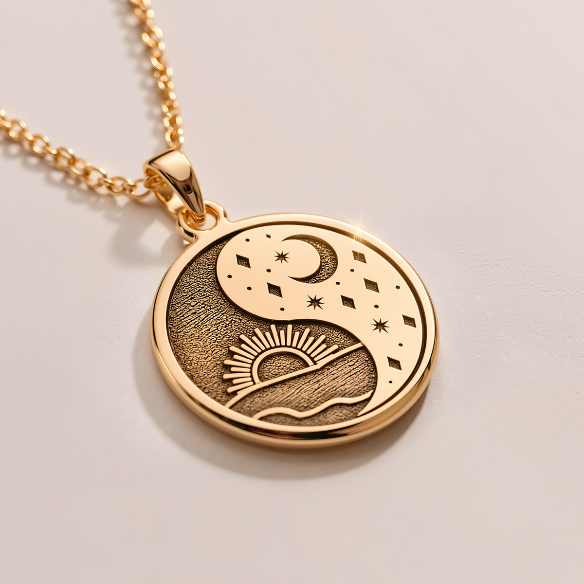 Sun & Moon Celestial Pendant - 14K Solid Gold, Left Angle View