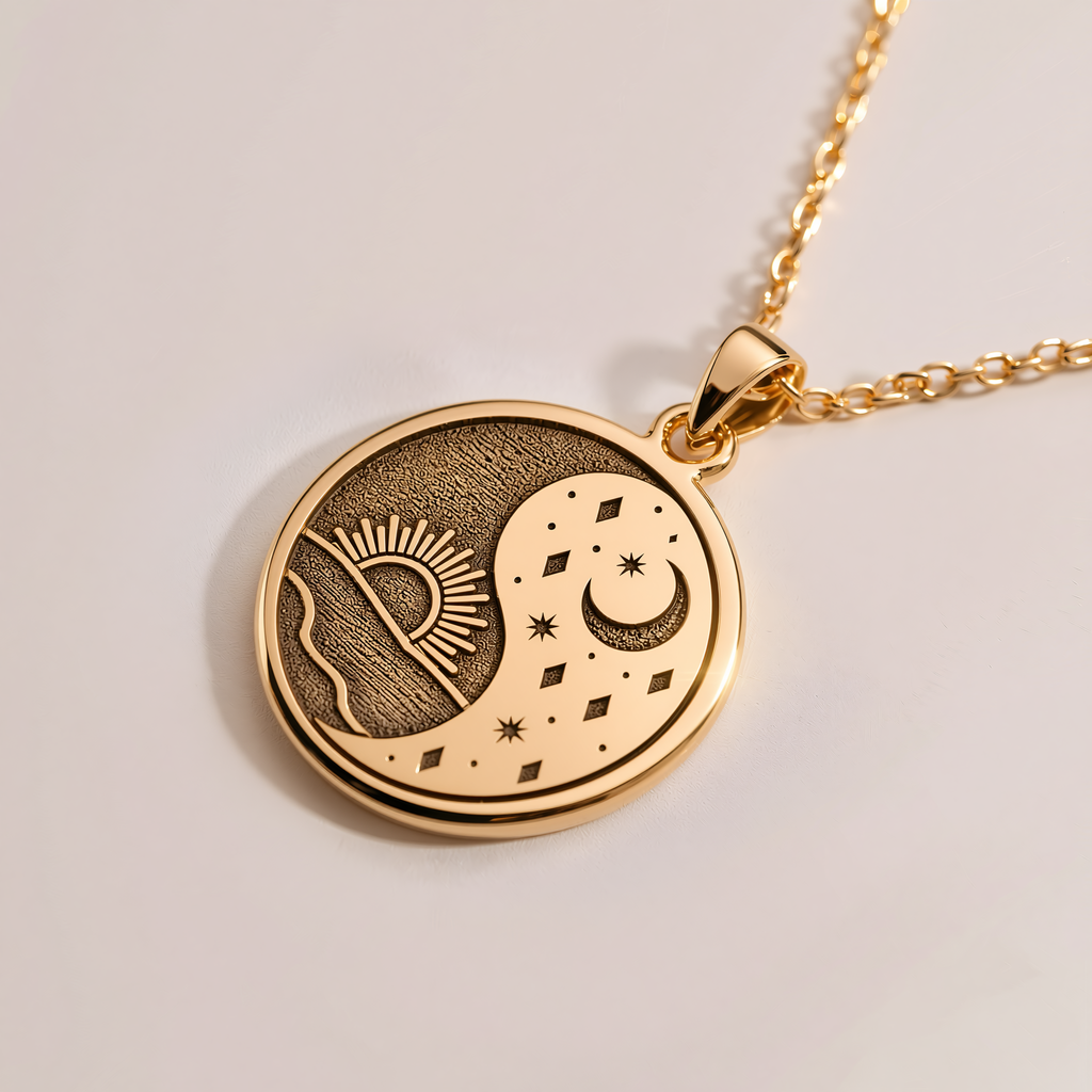 Sun & Moon Celestial Pendant - 14K Solid Gold, Right Angle View