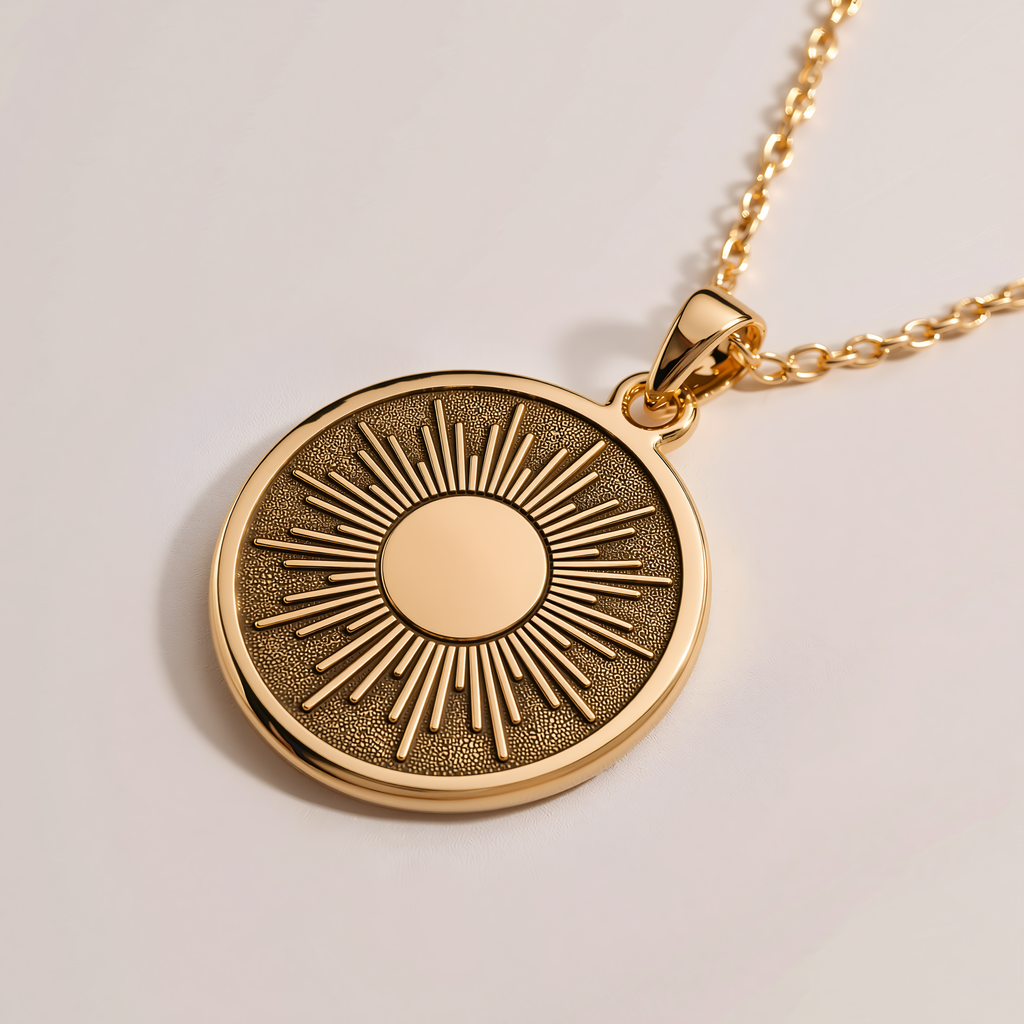 Sun Pendant Necklace - 14K Solid Gold Celestial Ray Charm - 14K Solid Gold, Right Angle View