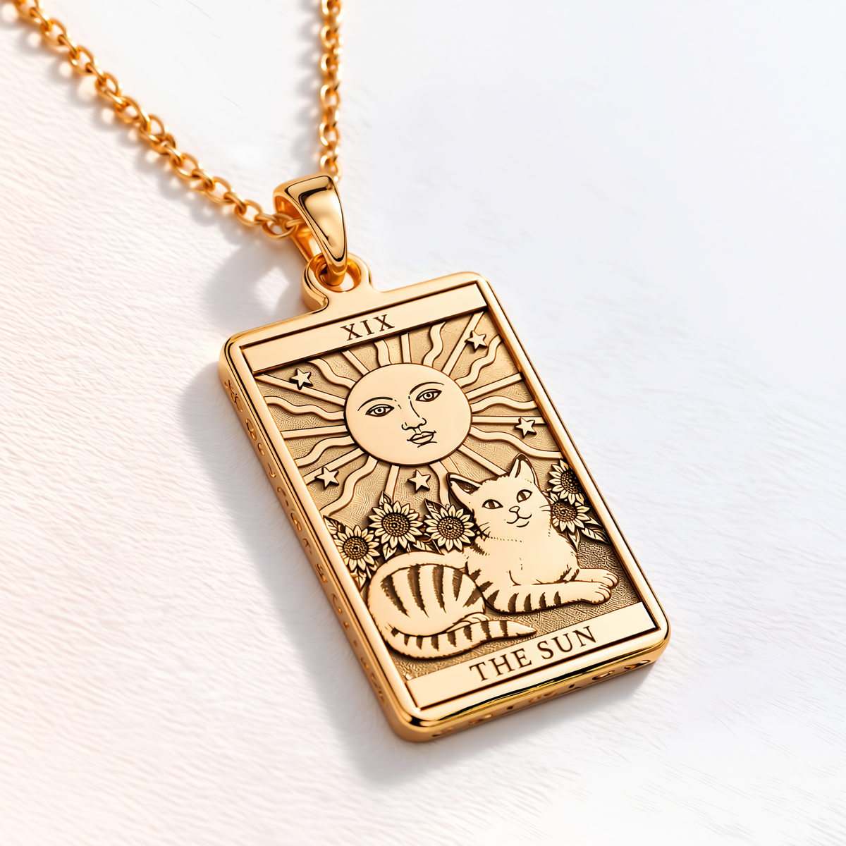 Sun Tarot Card Necklace - 14K Solid Gold, Left Angle View