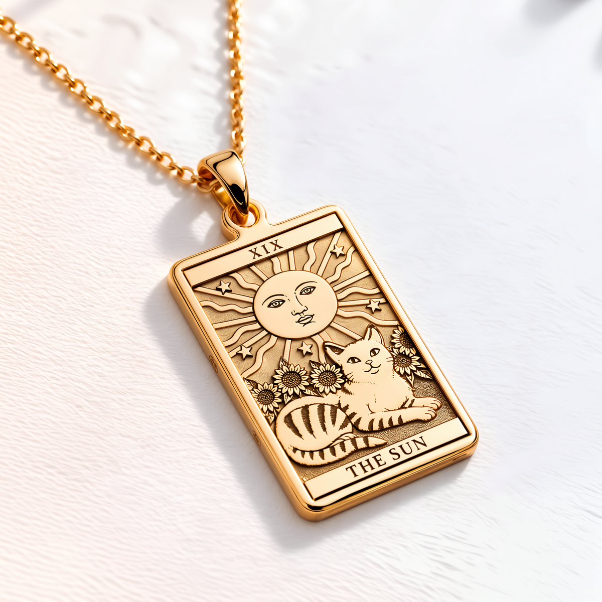 Sun Tarot Card Necklace - 14K Solid Gold, Right Angle View