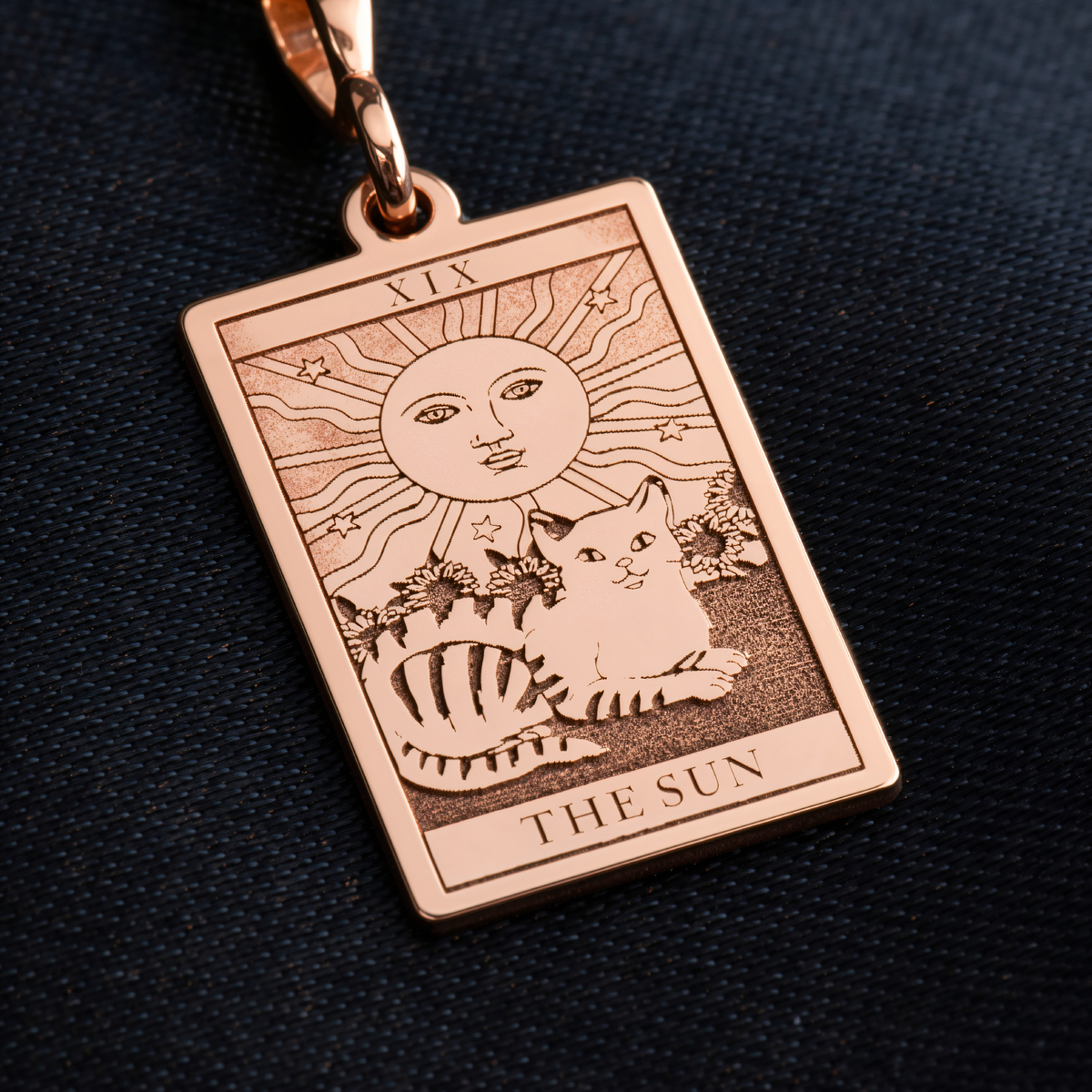 Sun Tarot Card Necklace in a polished rose gold finish.