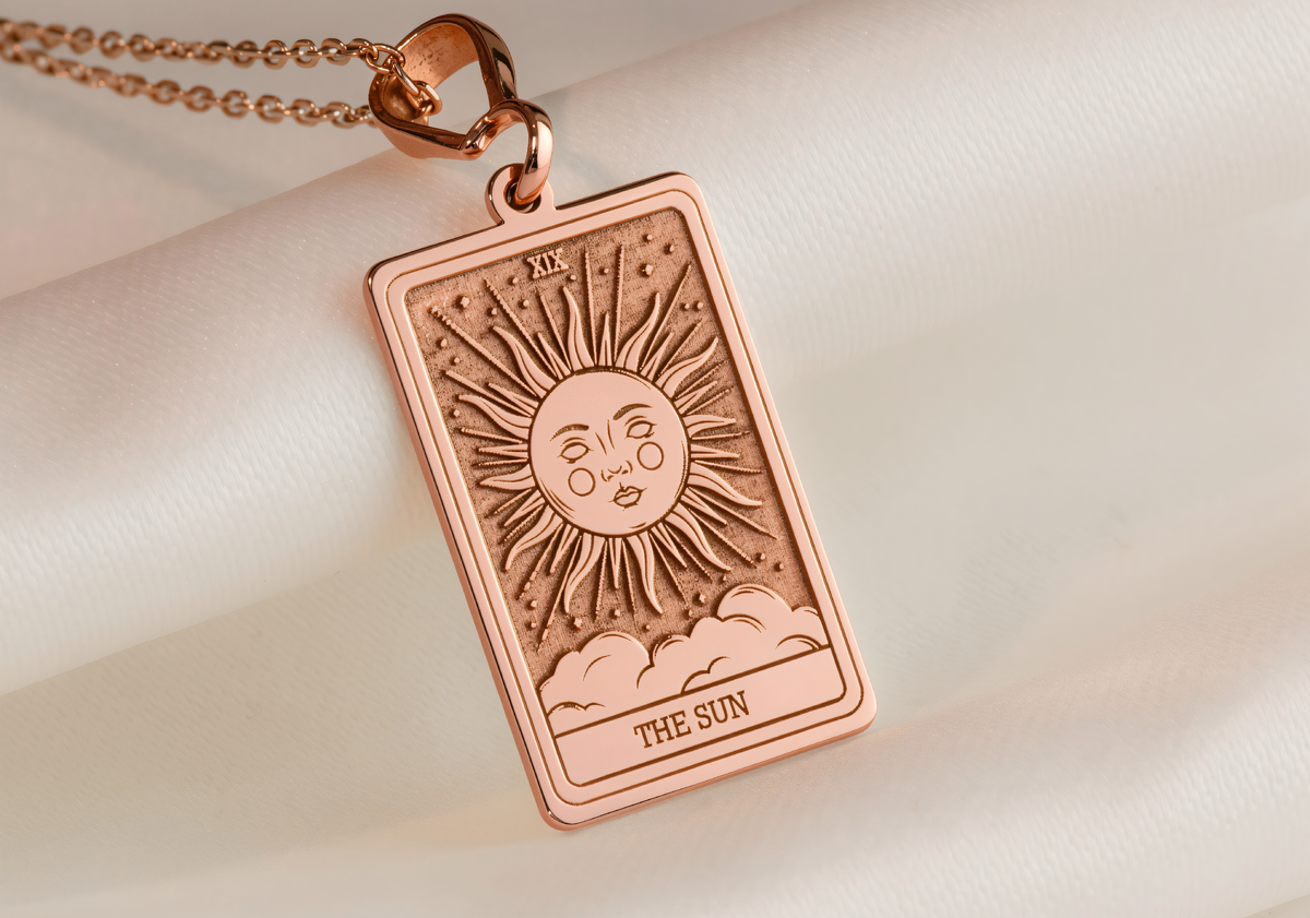 Sun Tarot Major Arcana Pendant in a polished rose gold finish.