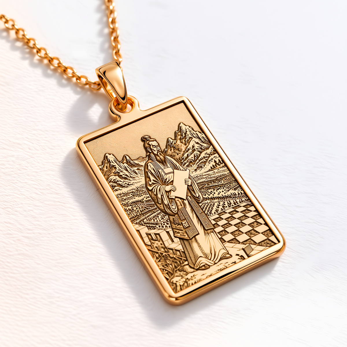 Sun Tzu Military Strategy Pendant - 14K Solid Gold, Left Angle View