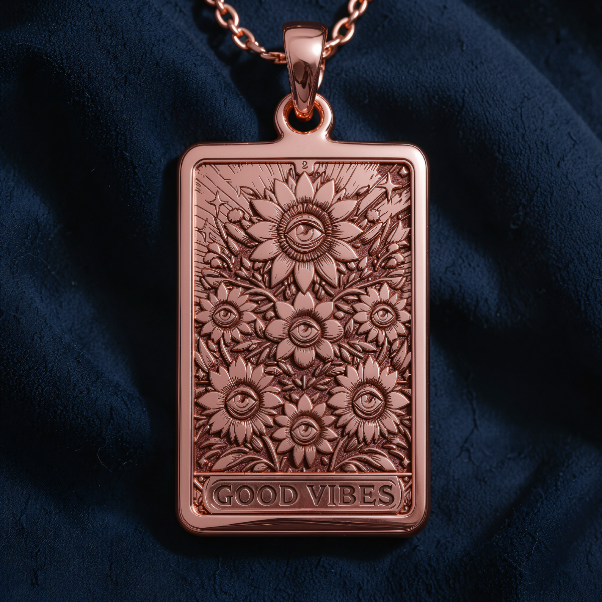 Sunflower Evil Eye Good Vibes Pendant in a polished rose gold finish.