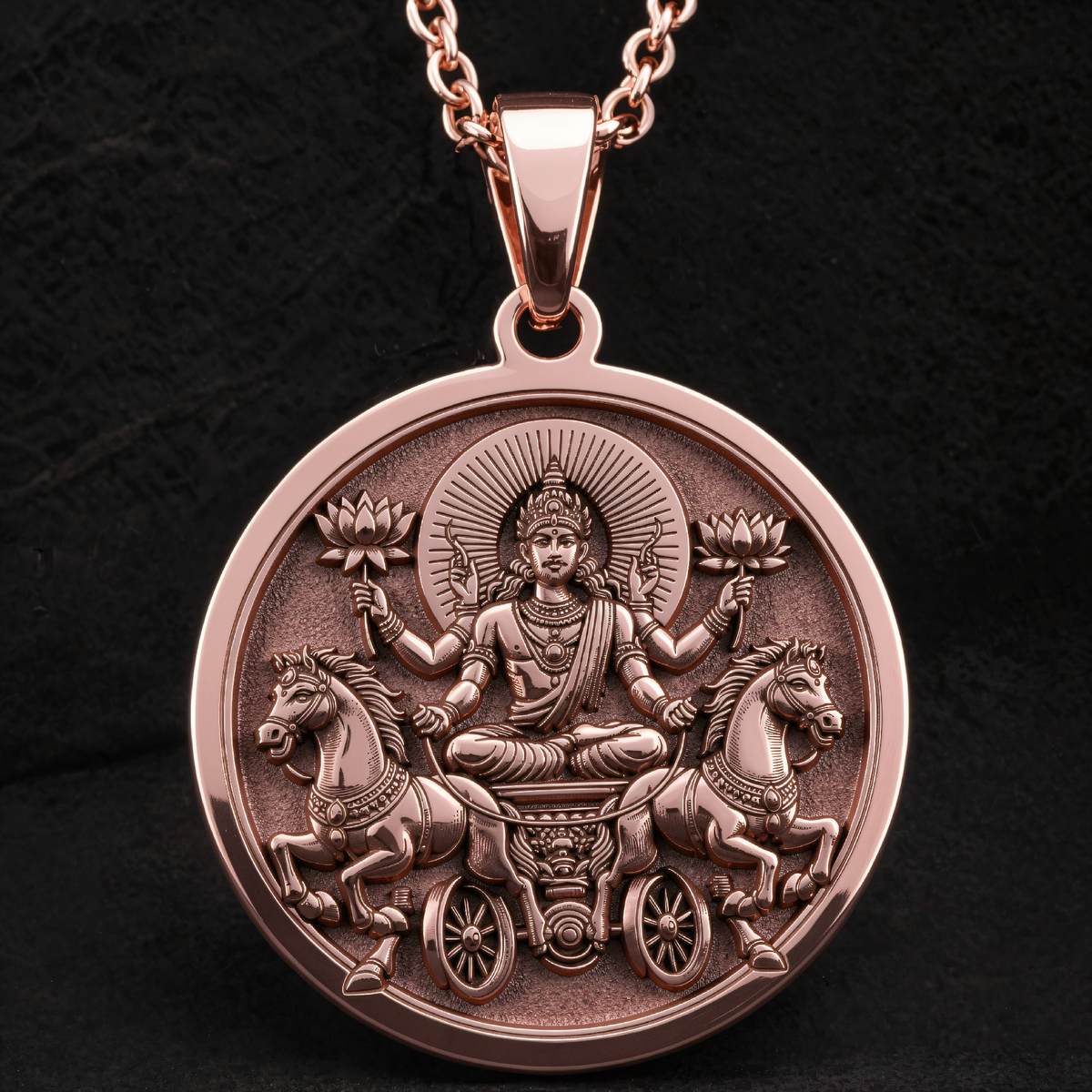 Surya Sun God with Seven Horses Chariot Pendant in a polished rose gold finish.