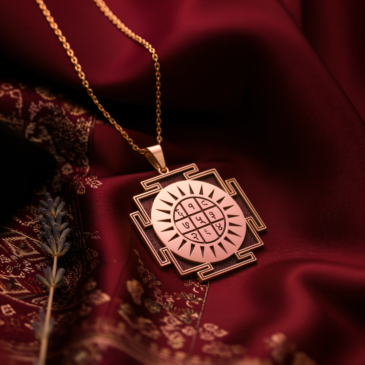 Surya Yantra Sun God Amulet Necklace - 14K Rose Gold Plated