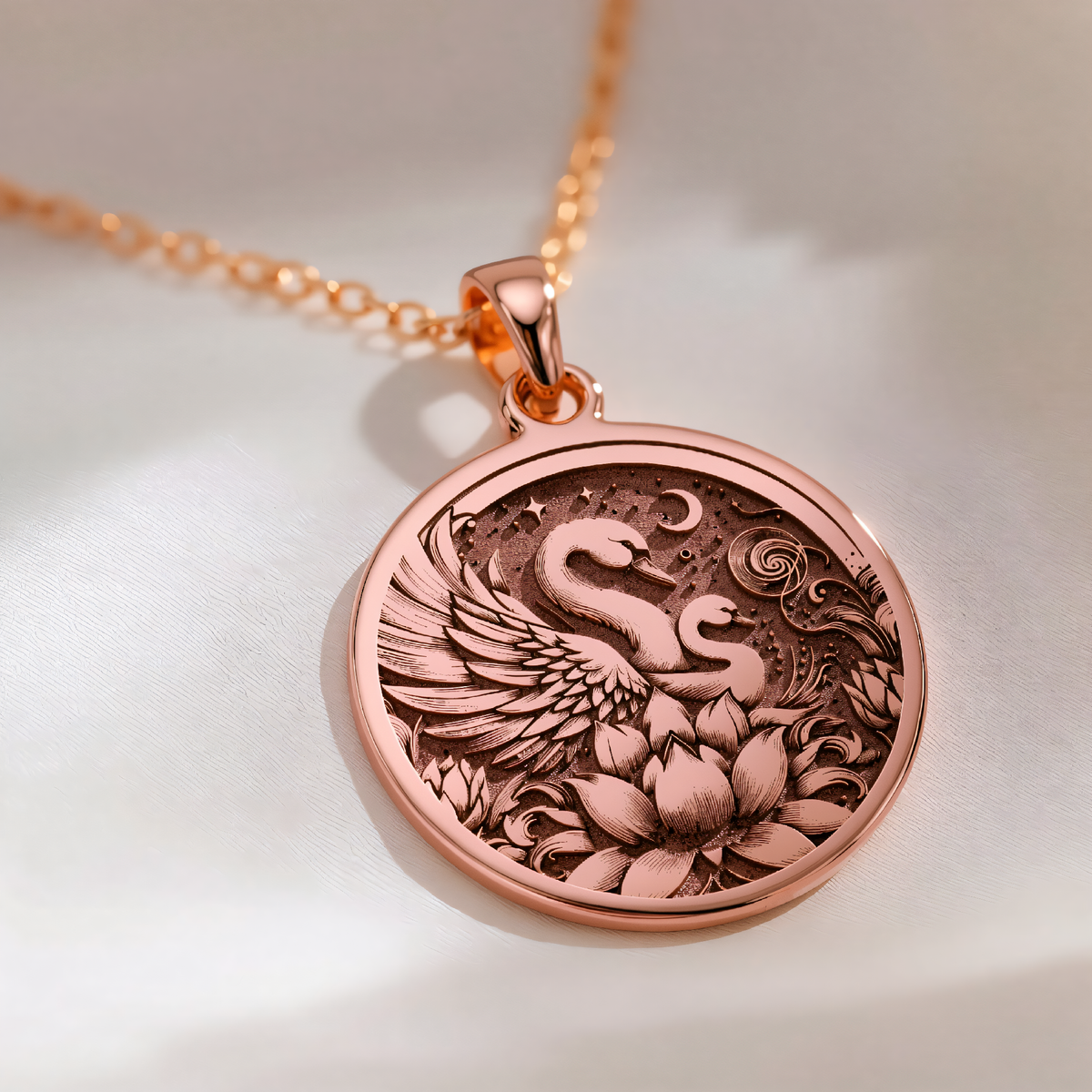 Swan Mother & Child Pendant Necklace - Maternal Love Gift in a polished rose gold finish.
