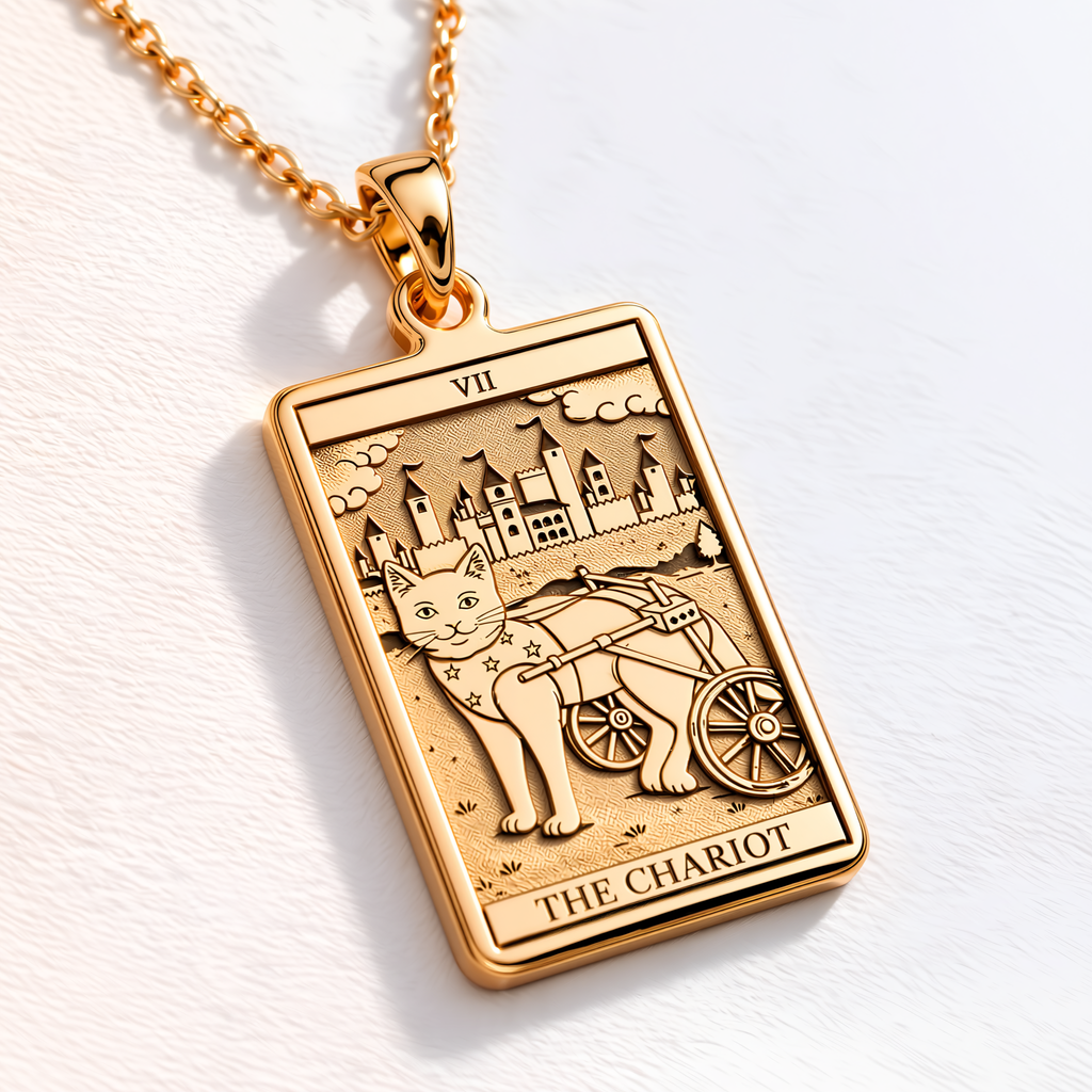 Tarot Cat Charity Necklace - 14K Solid Gold, Left Angle View