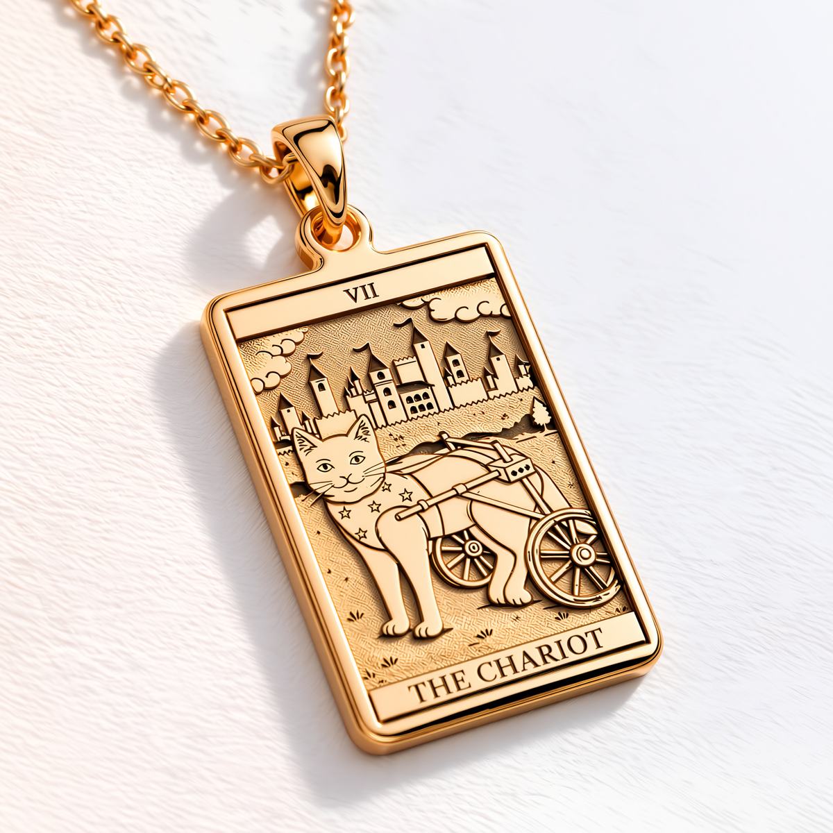 Tarot Cat Charity Necklace - 14K Solid Gold, Left Angle View