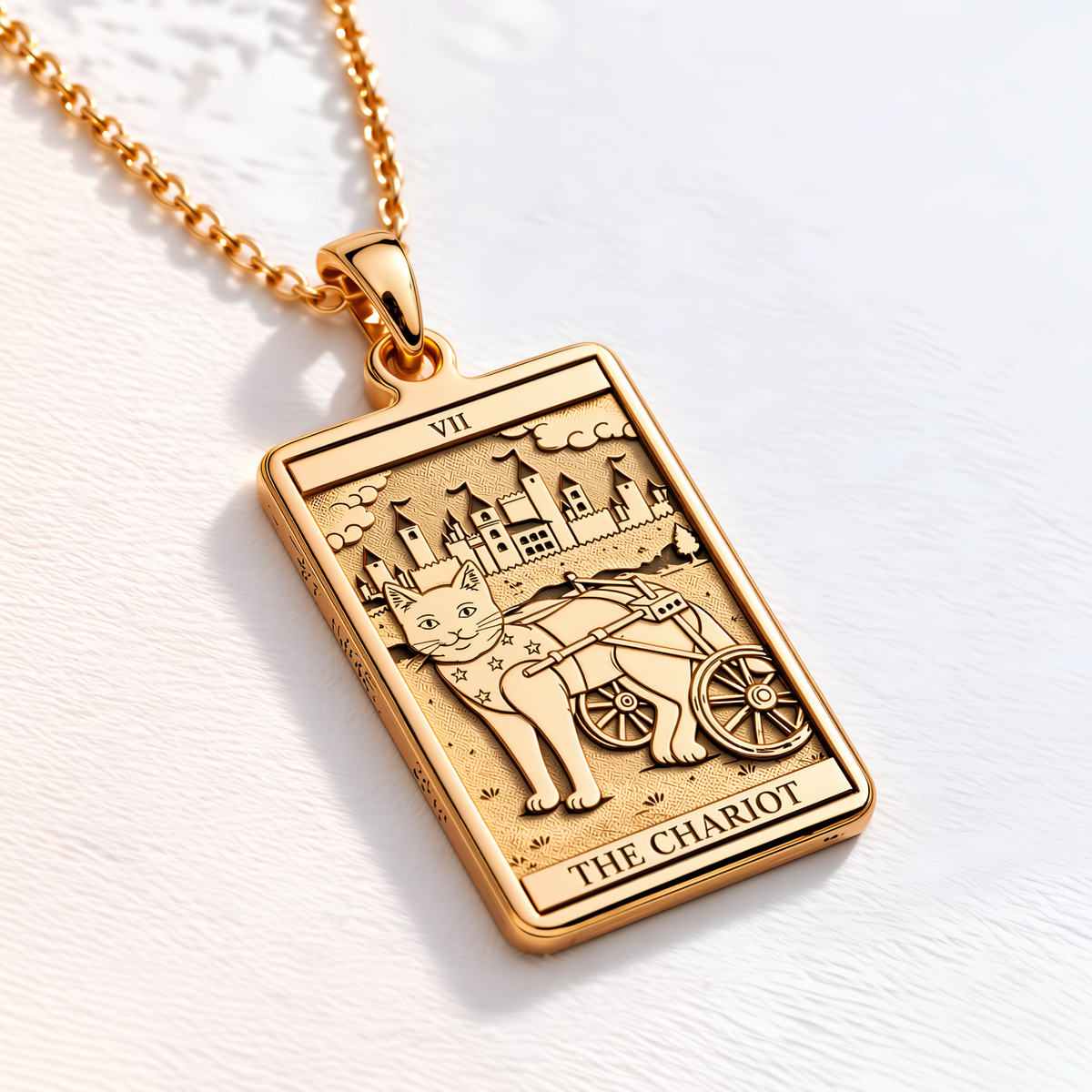 Tarot Cat Charity Necklace - 14K Solid Gold, Right Angle View