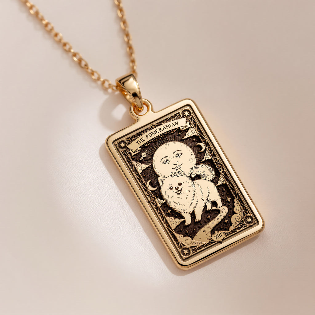 A polished 14K solid gold Pomeranian medallion. This fine pet jewelry represents the breed's fiery spirit, making it a perfect Pom lover gift.