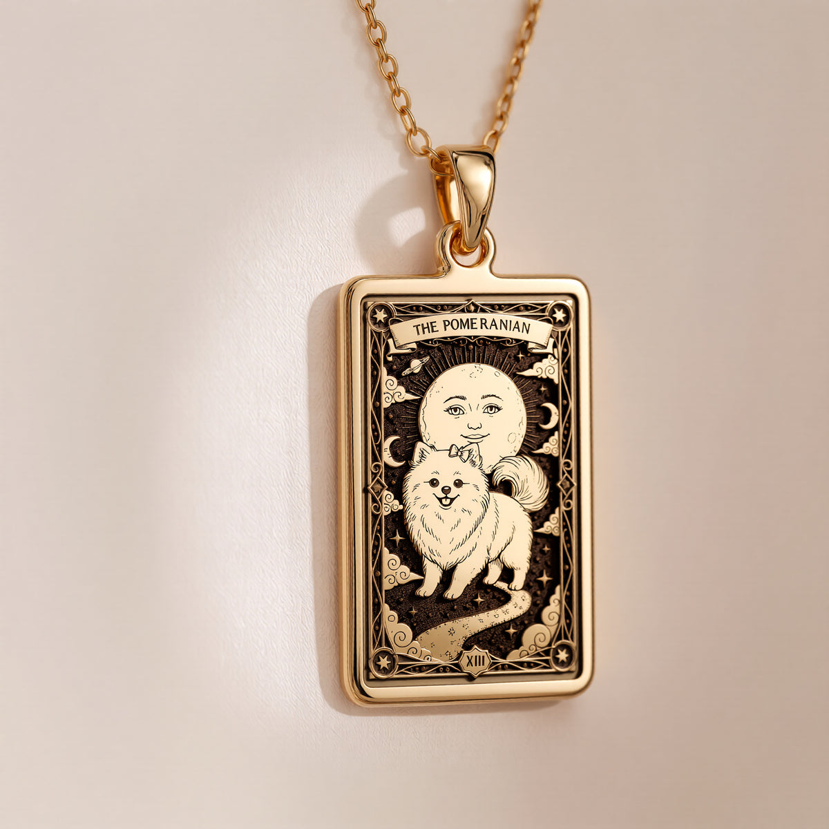 A polished 14K solid gold Pomeranian medallion. This fine pet jewelry represents the breed's fiery spirit, making it a perfect Pom lover gift.