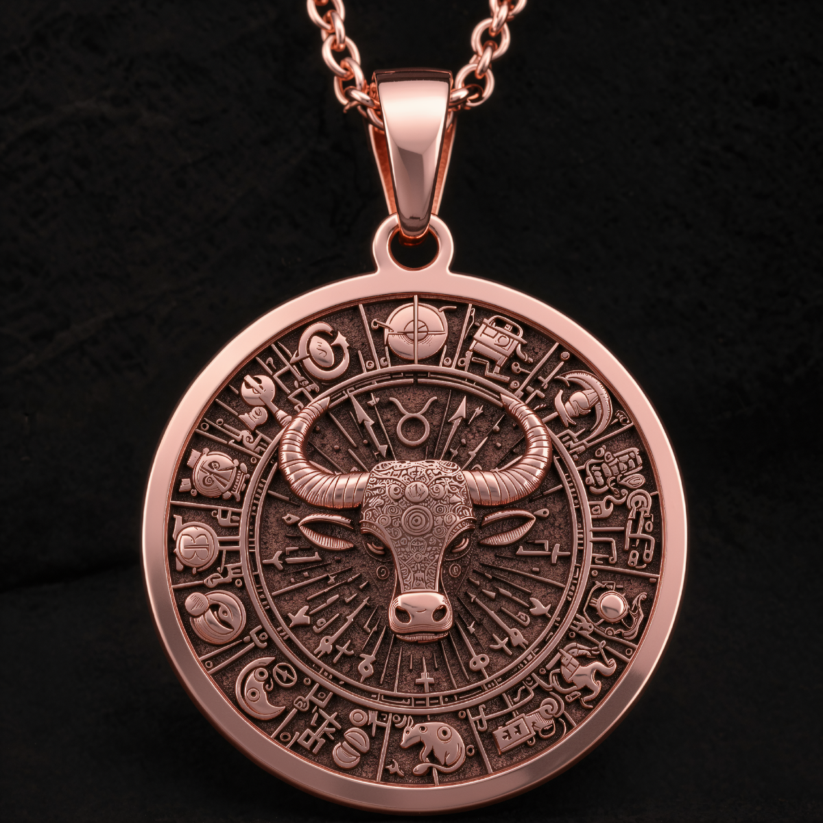 Taurus Bull Zodiac Necklace in a polished rose gold finish.