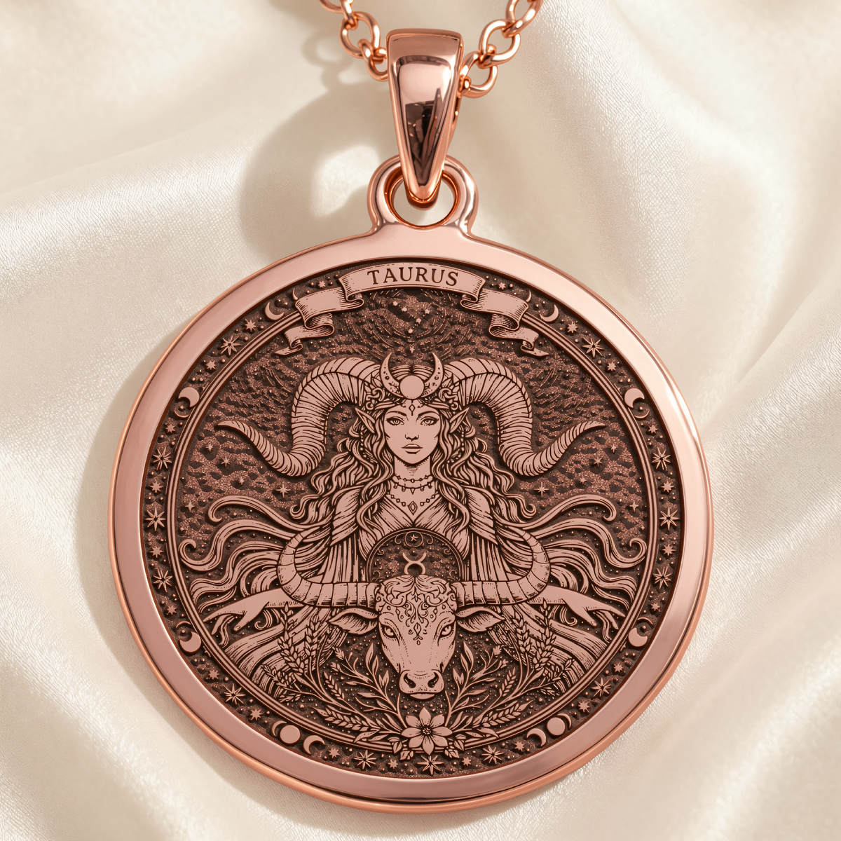 Taurus Bull Zodiac Medallion in a polished rose gold finish.