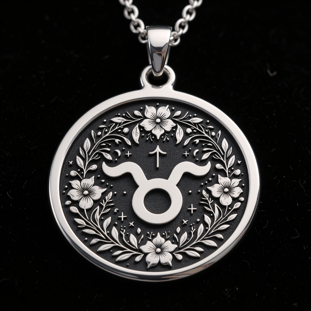 Taurus Pendant Necklace - Zodiac Symbol Floral Medallion - 925 Sterling Silver