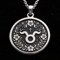 Taurus Pendant Necklace - Zodiac Symbol Floral Medallion - 925 Sterling Silver