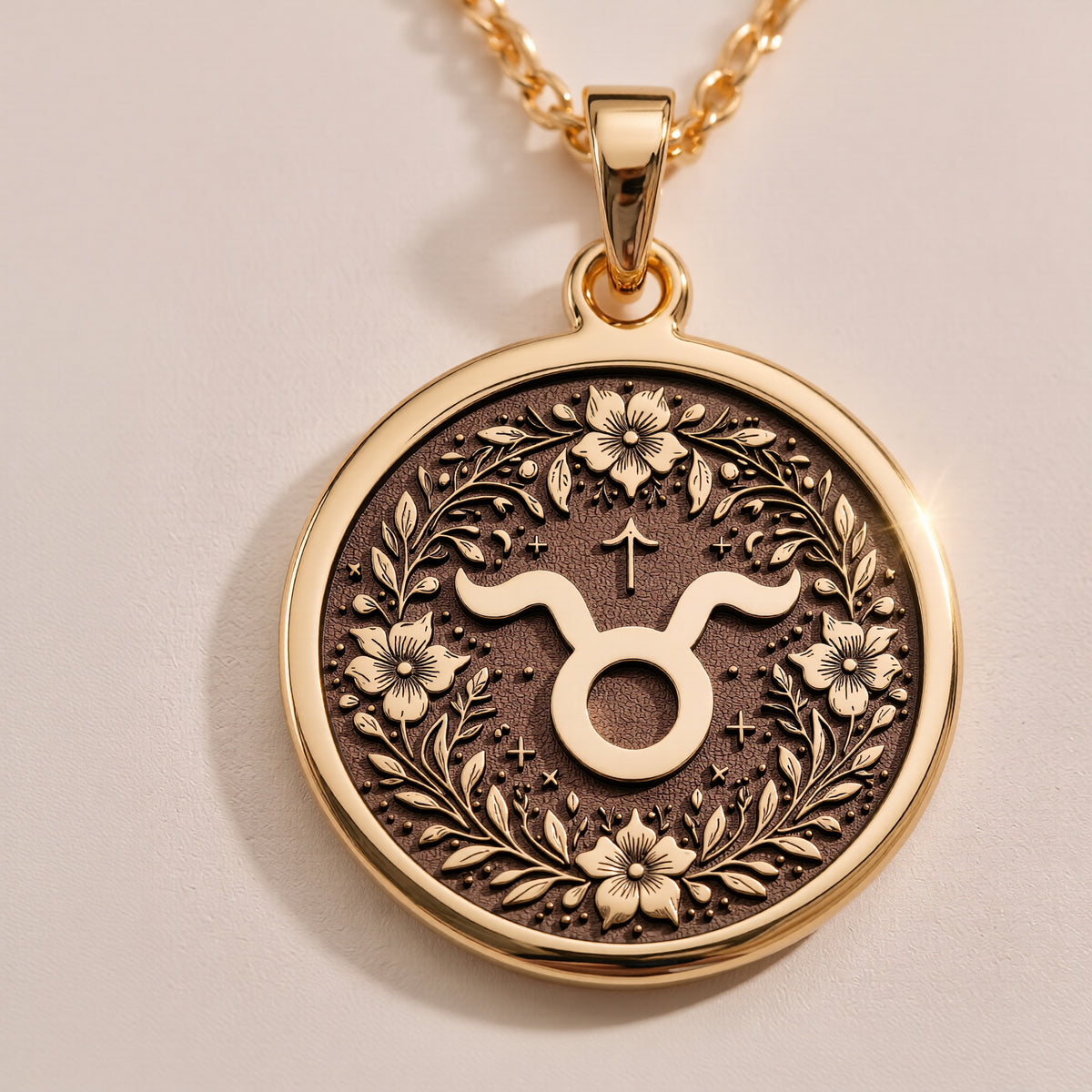 Taurus Zodiac Astrological Medallion Necklace - 14K Solid Gold