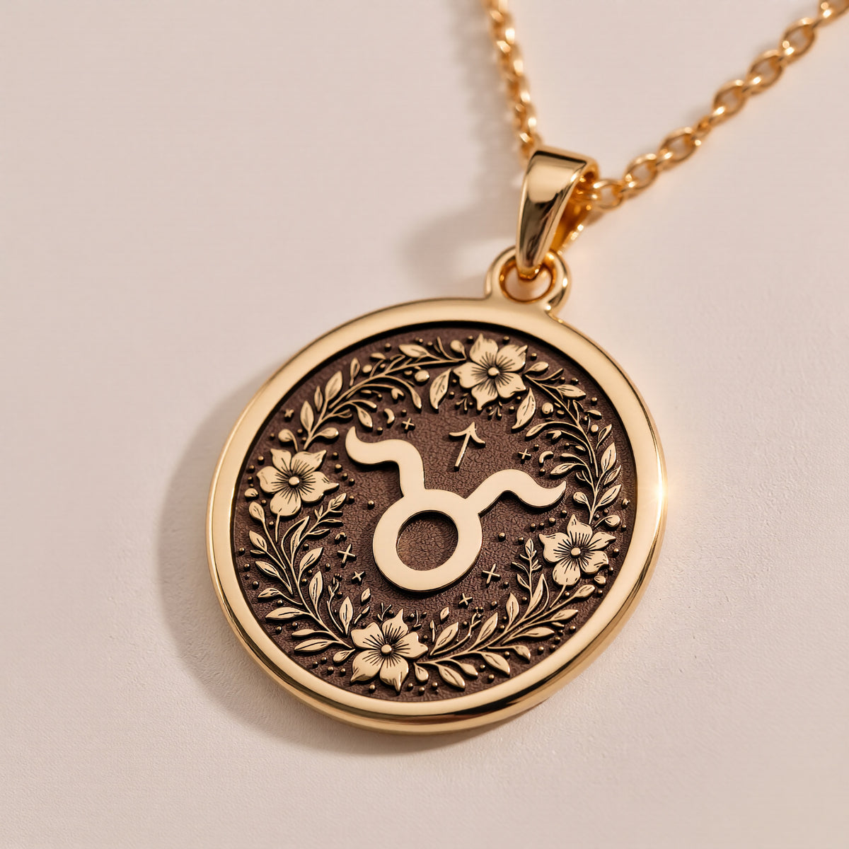 Taurus Zodiac Astrological Medallion Necklace - 14K Solid Gold