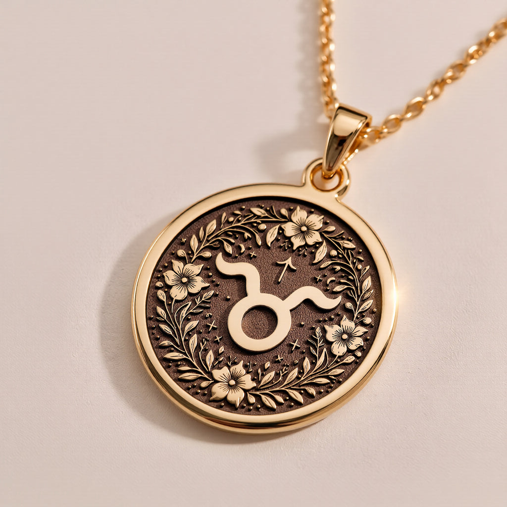 14K Solid Gold Taurus Zodiac Medallion with Taurus symbol (♉) and floral wreath. A perfect personalized gift with optional back engraving. Detailed celestial horoscope jewelry for astrology lovers. - View 9