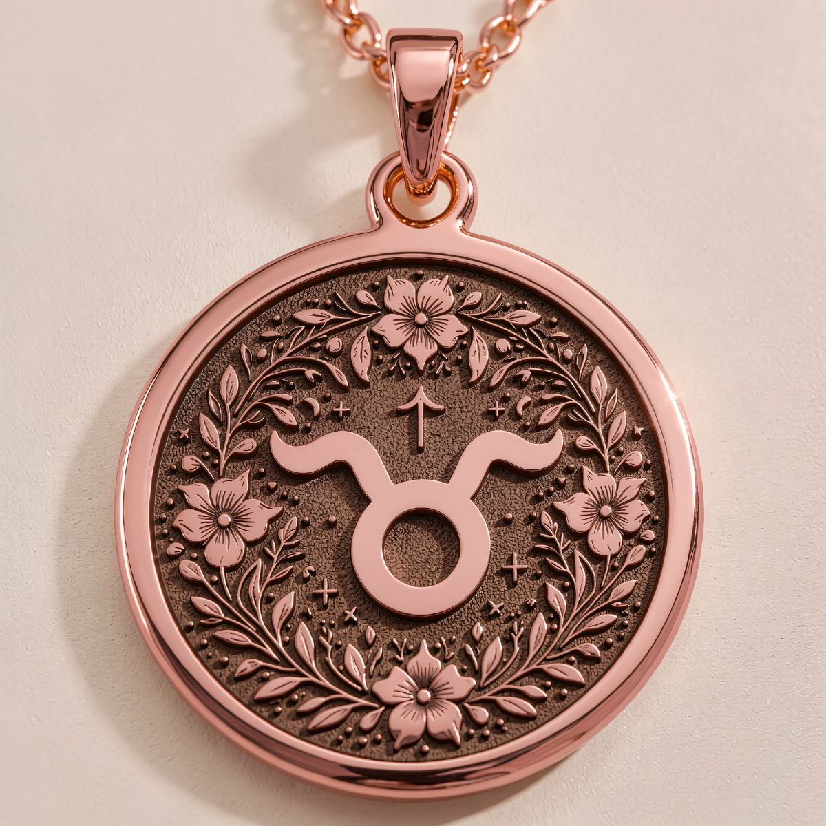 Taurus Pendant Necklace - Zodiac Symbol Floral Medallion in a polished rose gold finish.