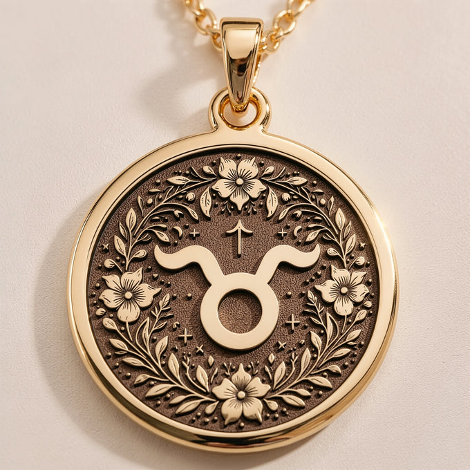 Taurus Zodiac Astrological Medallion Necklace - Birthdate Jewelry, Star Map Gift - Görsel 1, 14K Gold Taurus