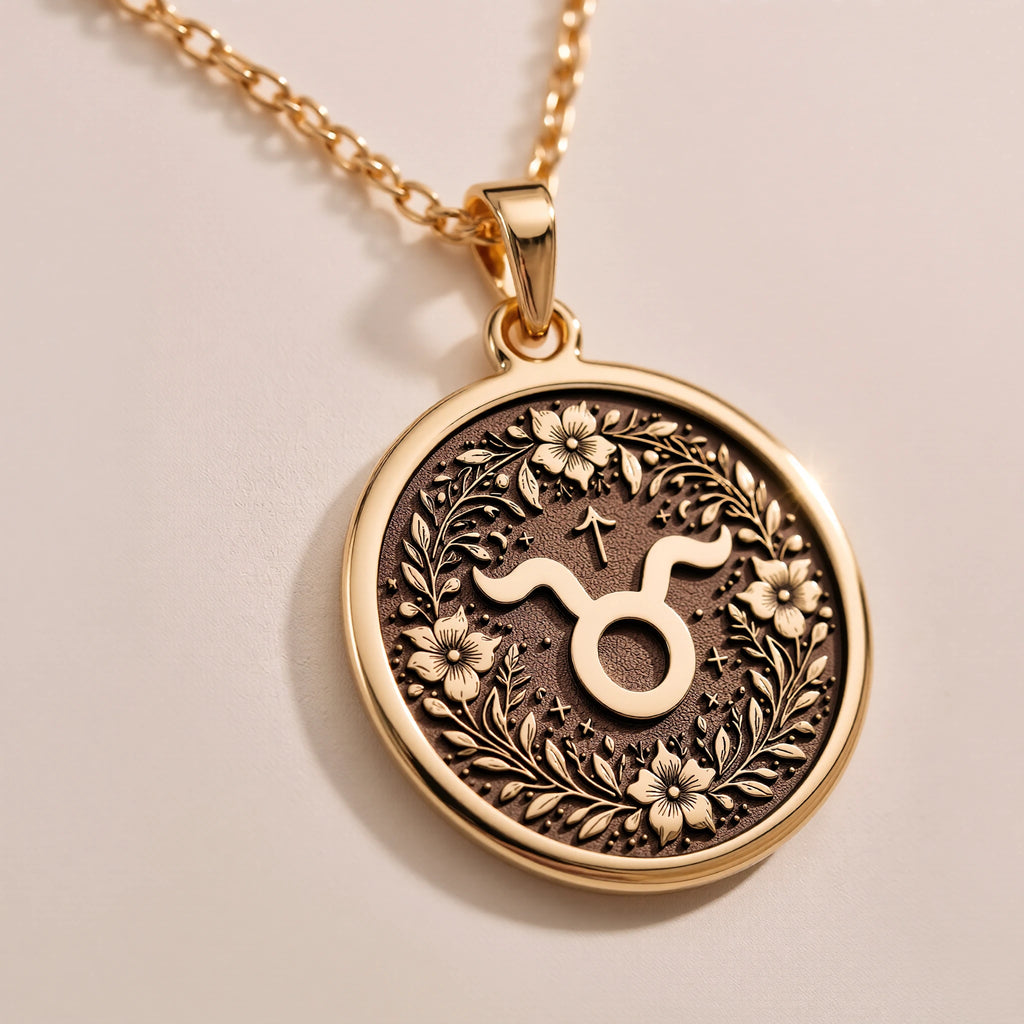 Taurus Zodiac Astrological Medallion Necklace - Birthdate Jewelry, Star Map Gift - Görsel 2, 14K Gold Taurus